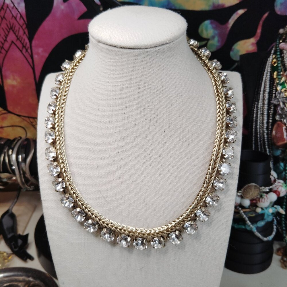 Gold Tone Braided Chain Rhinestone Choker Necklace Heavy Prong Set Stones